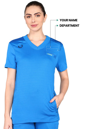 Sleek royal blue jogger scrub set featuring useful pocket space.