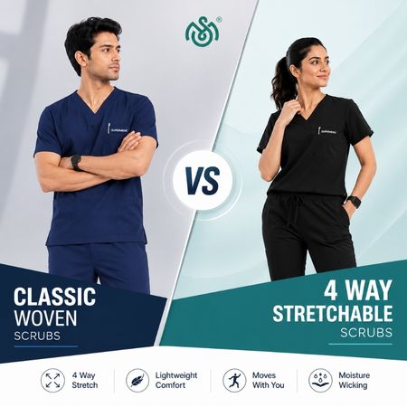 Classic Woven Scrubs vs 4 Way Stretchable Scrubs