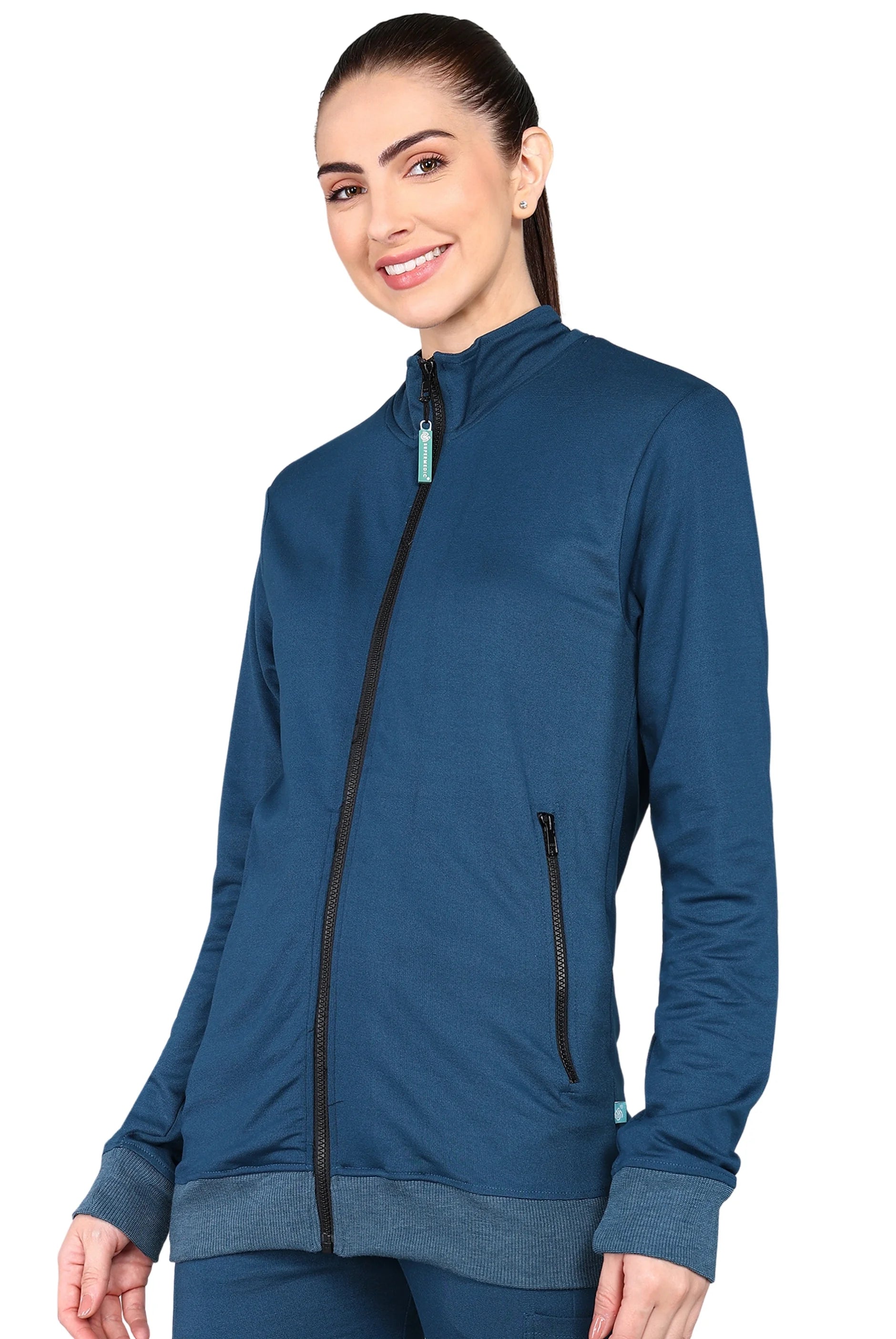 Banded Collar Teal Blue Scrub Jacket for Women - Supermedic