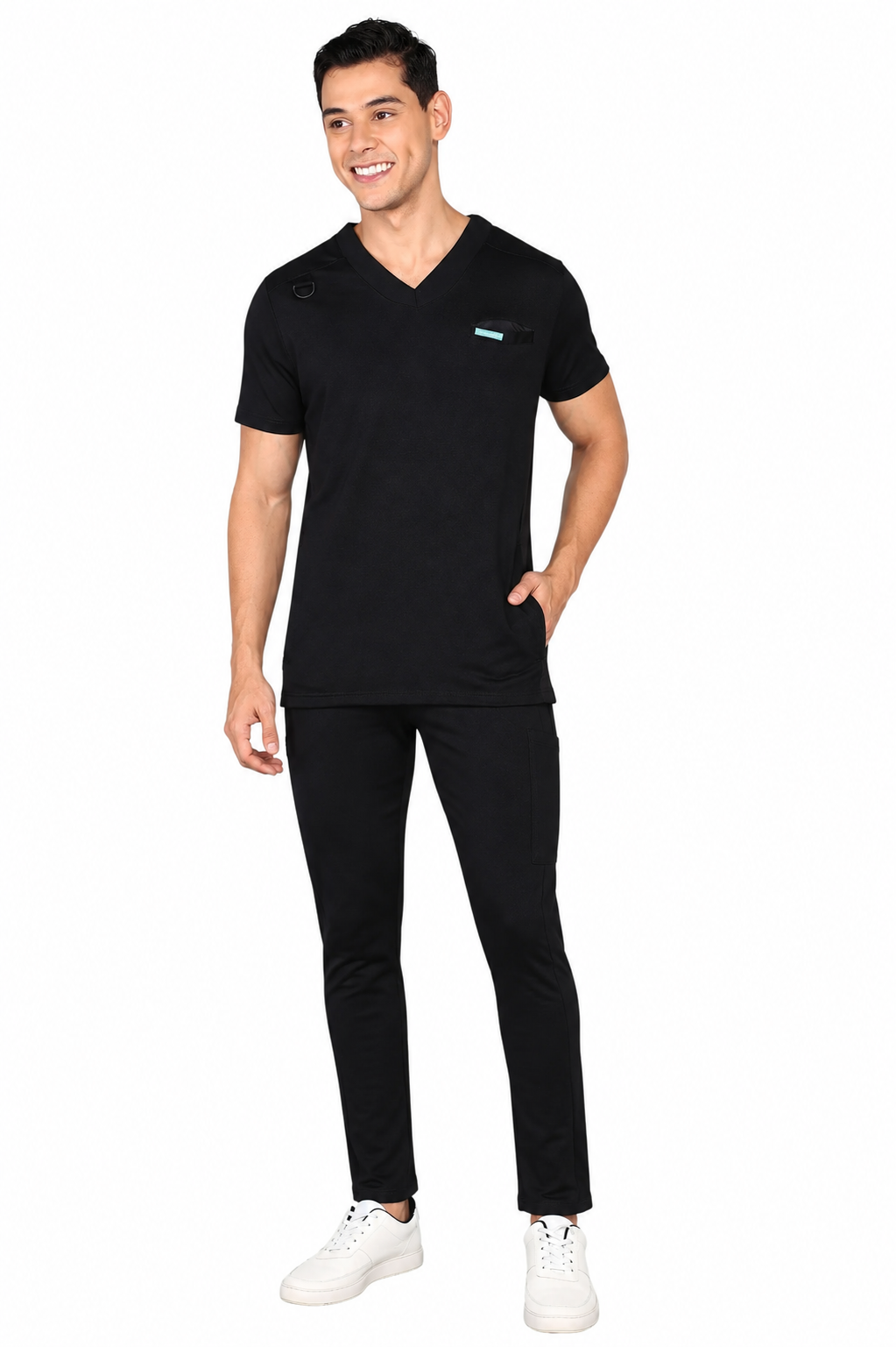4-Way Stretchable Men's Black Top & Standard Bottom Scrub Set