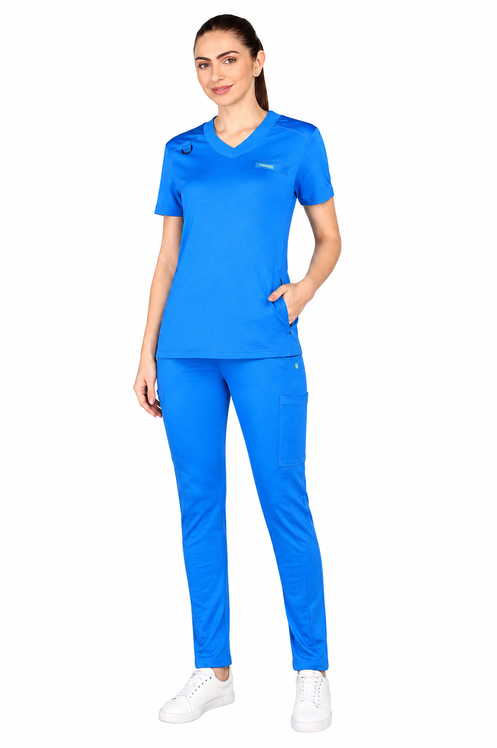 4-Way Stretchable Women's Royal Blue Top & Standard Bottom Scrub Set