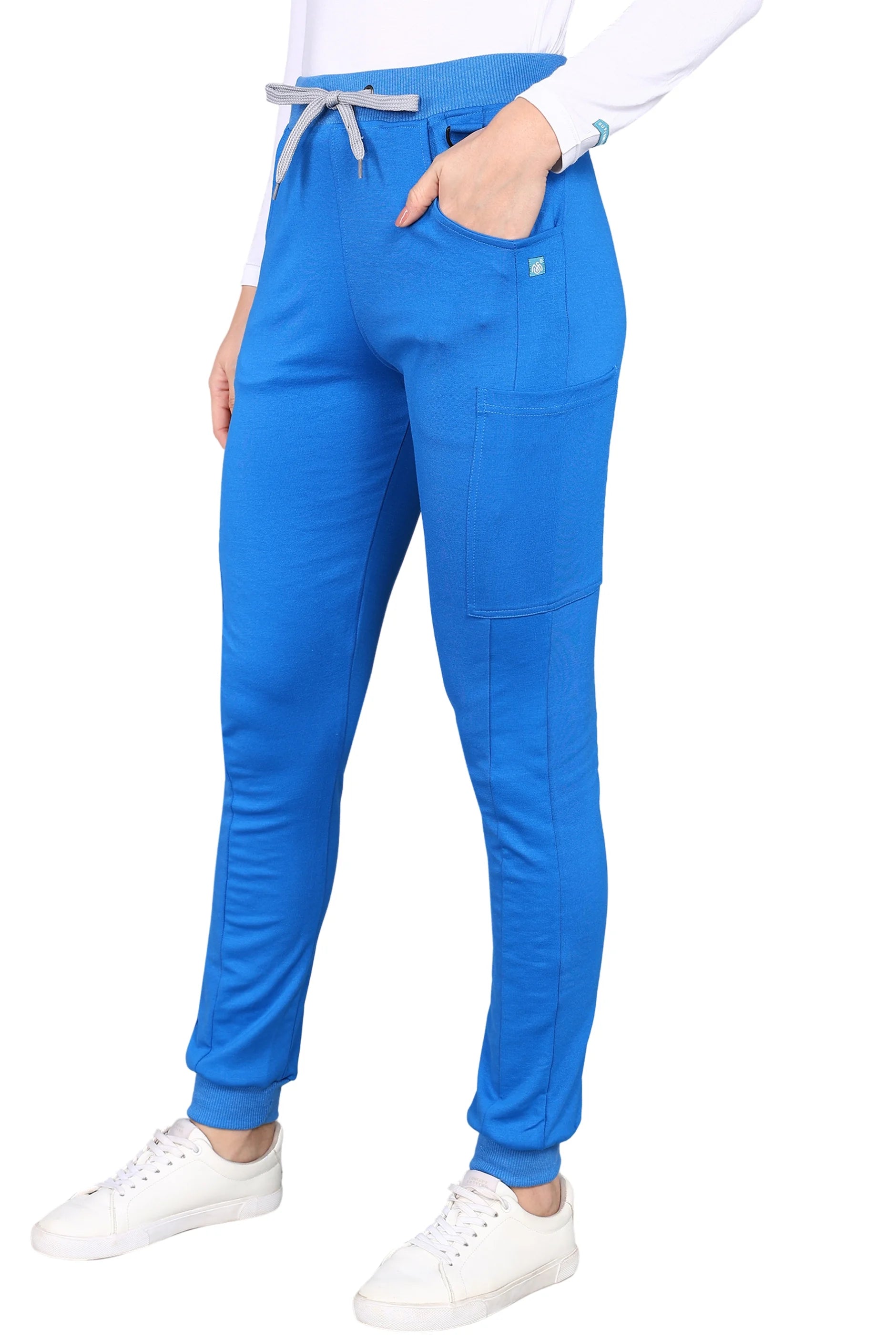 Flexible royal blue jogger scrub set for various healthcare roles.