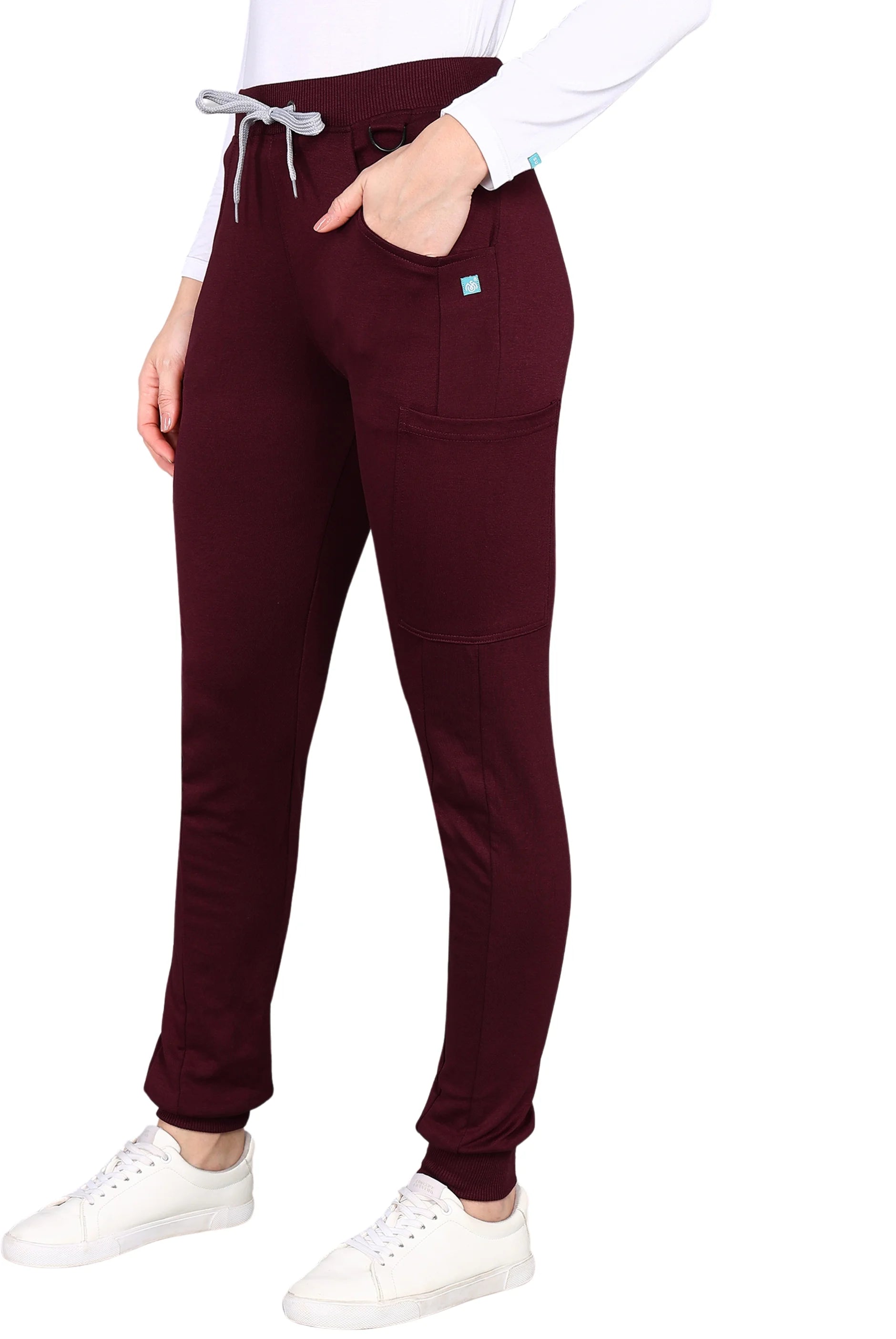 Adaptable maroon jogger scrub set ideal for professional environments