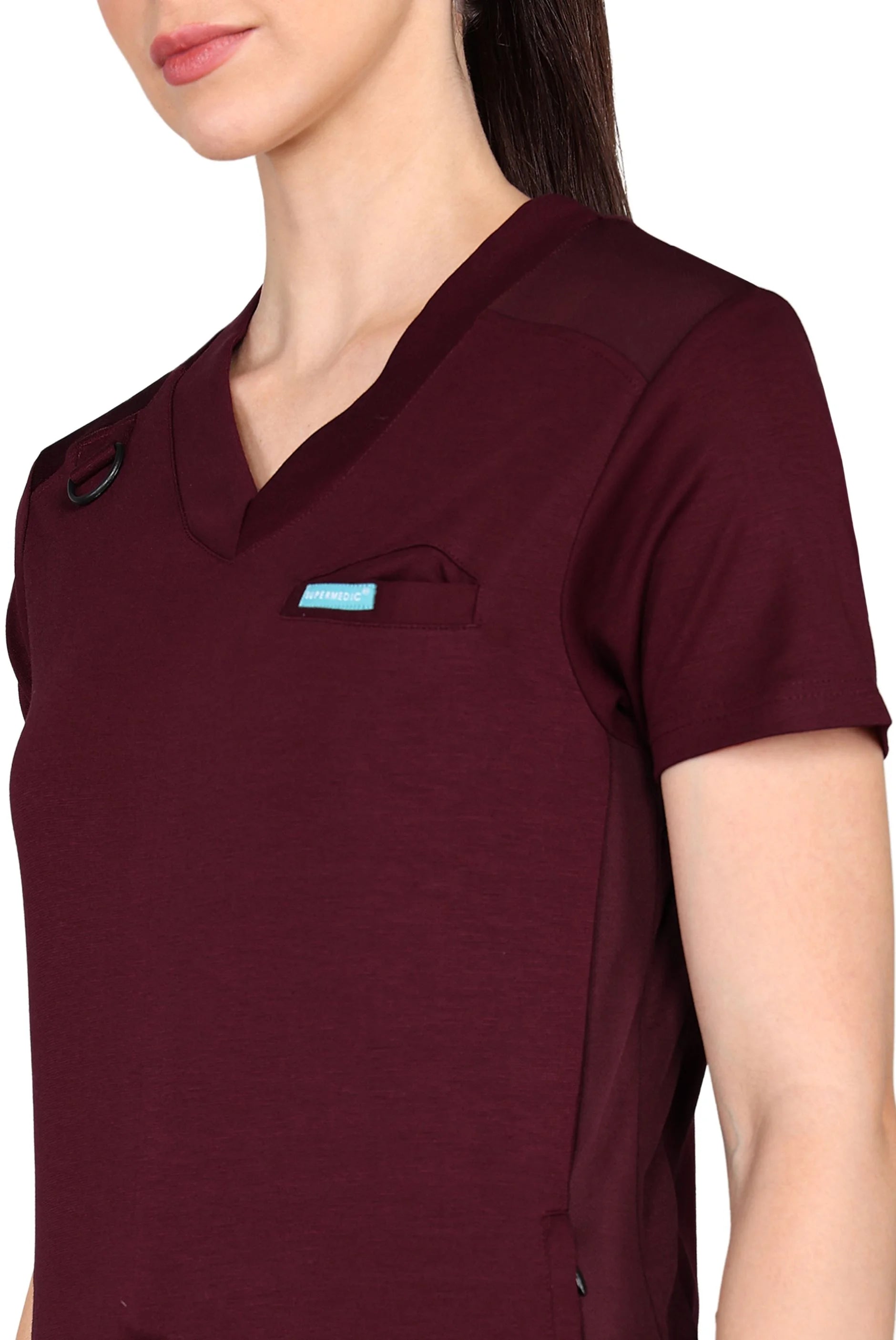 Maroon jogger scrub set with convenient, easy-access pockets