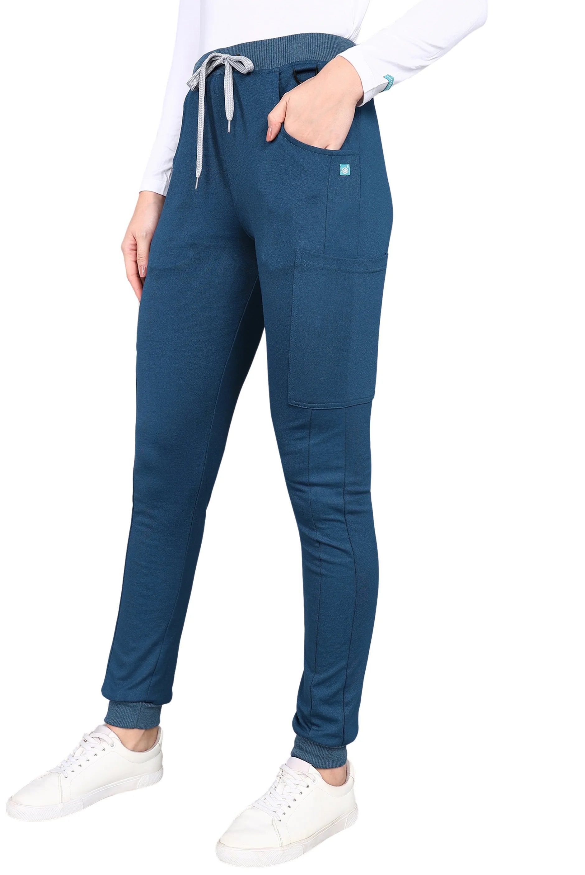 Practical teal navy jogger scrub set with easy-access pockets.