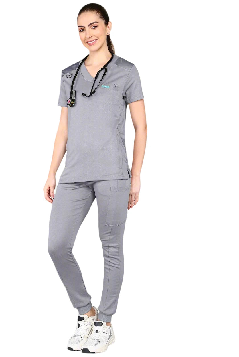 Stylish grey jogger scrub set for comfort in healthcare.