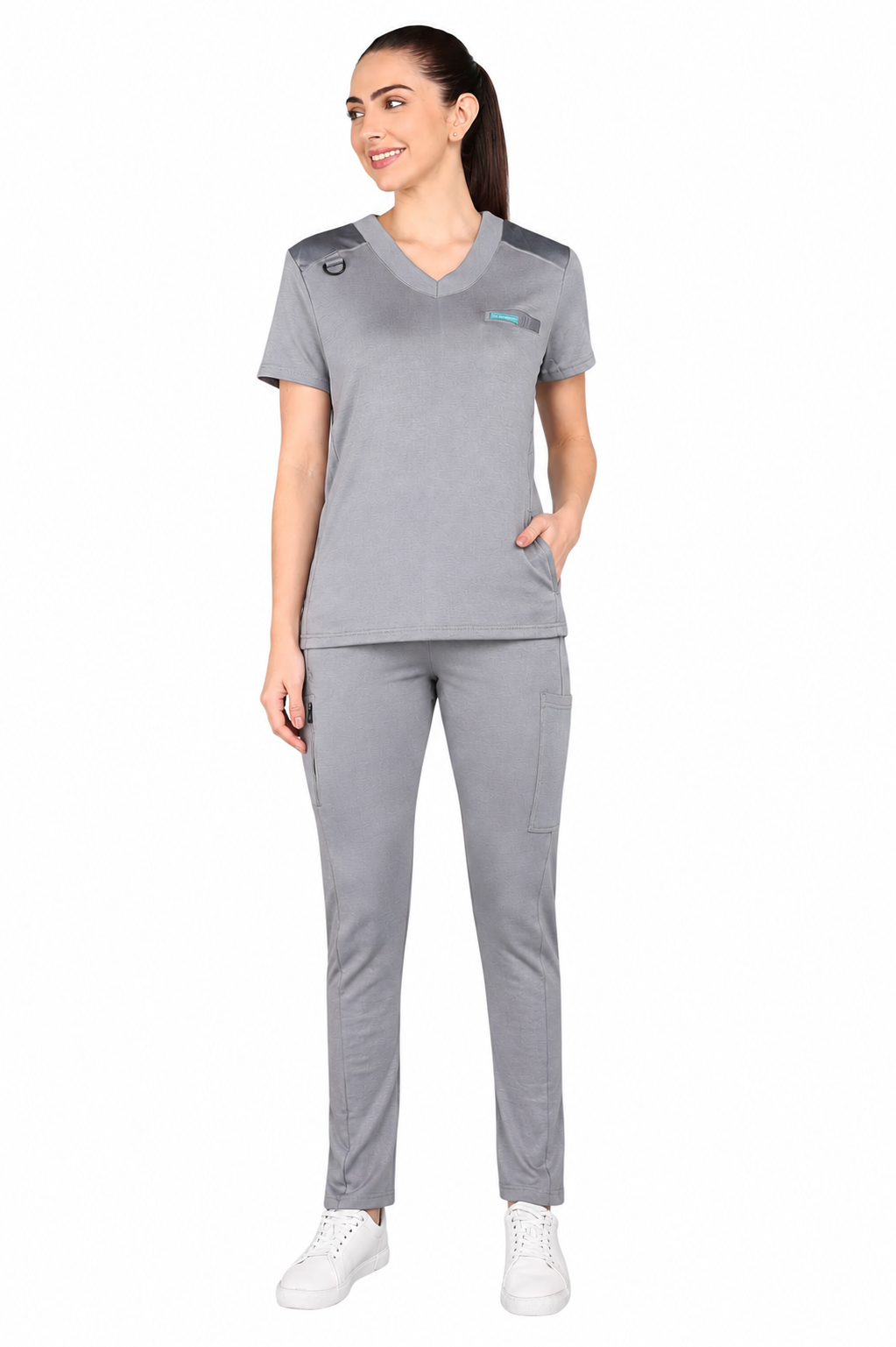 4-Way Stretchable Women's Grey Top & Standard Bottom Scrub Set