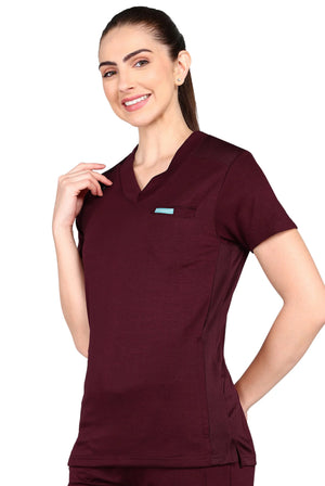 Adaptable maroon jogger scrub set for healthcare settings.