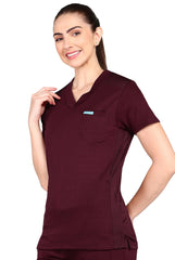 Adaptable maroon jogger scrub set for healthcare settings.