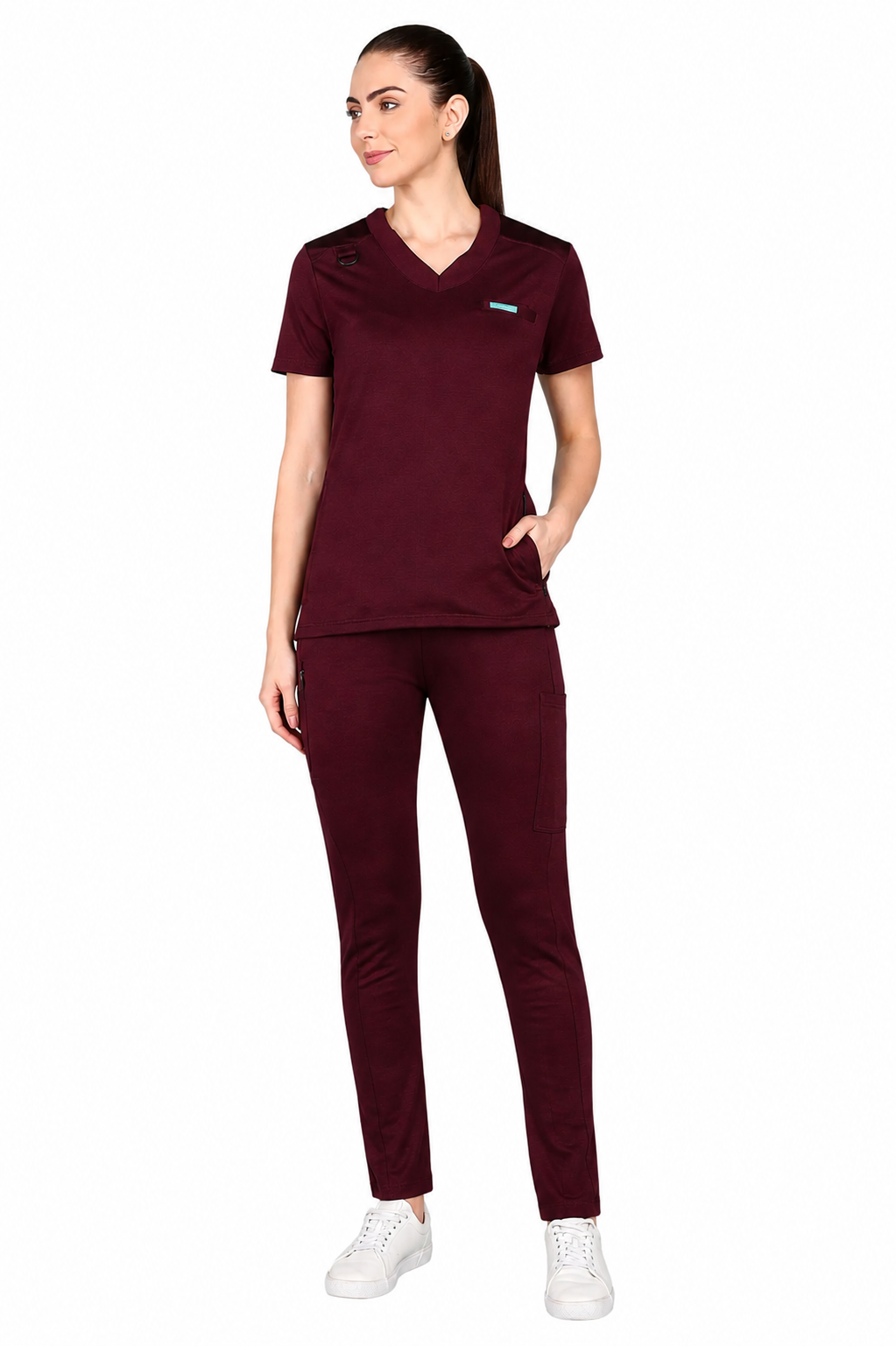 4-Way Stretchable Women's Maroon Top & Standard Bottom Scrub Set