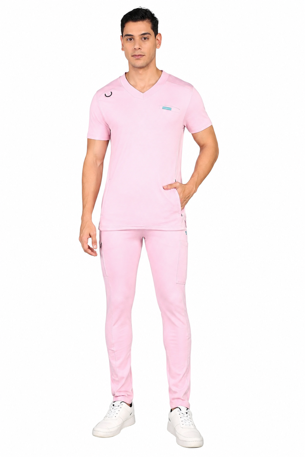 4-Way Stretchable Men's Pink Top & Standard Bottom Scrub Set