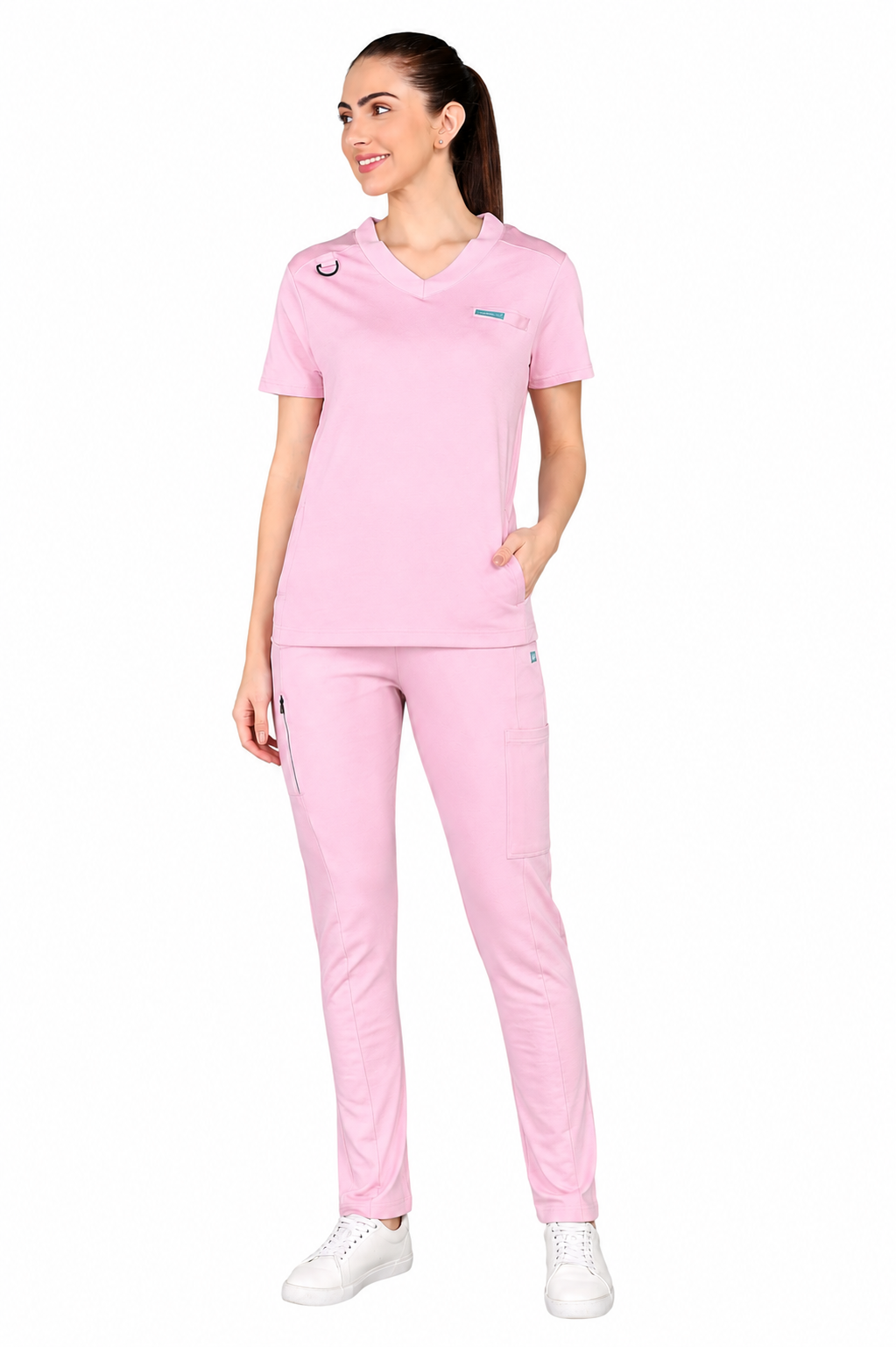 4-Way Stretchable Women's Pink Top & Standard Bottom Scrub Set