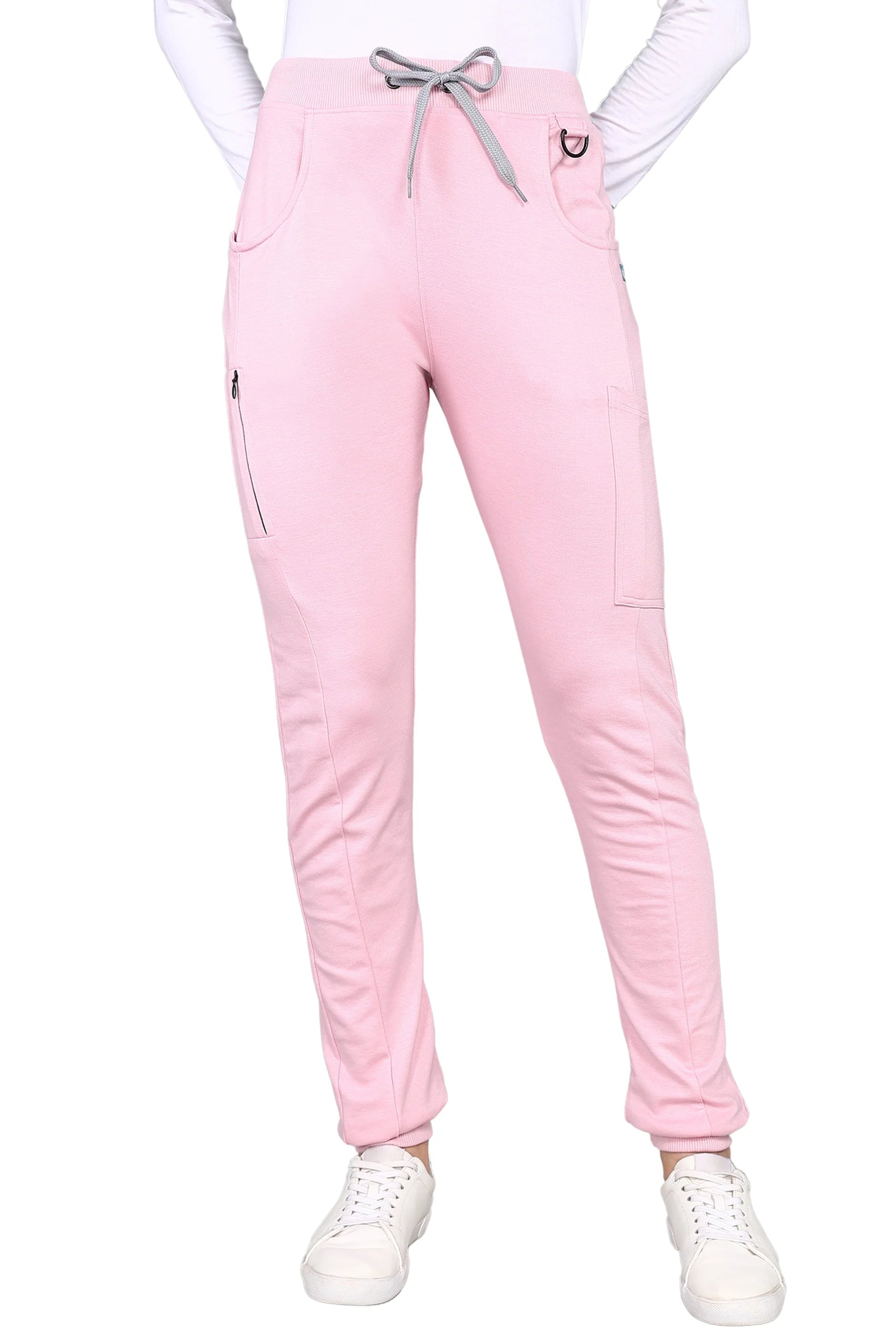 Easy-access pink jogger scrub set with functional pockets.