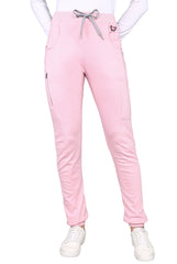Easy-access pink jogger scrub set with functional pockets.
