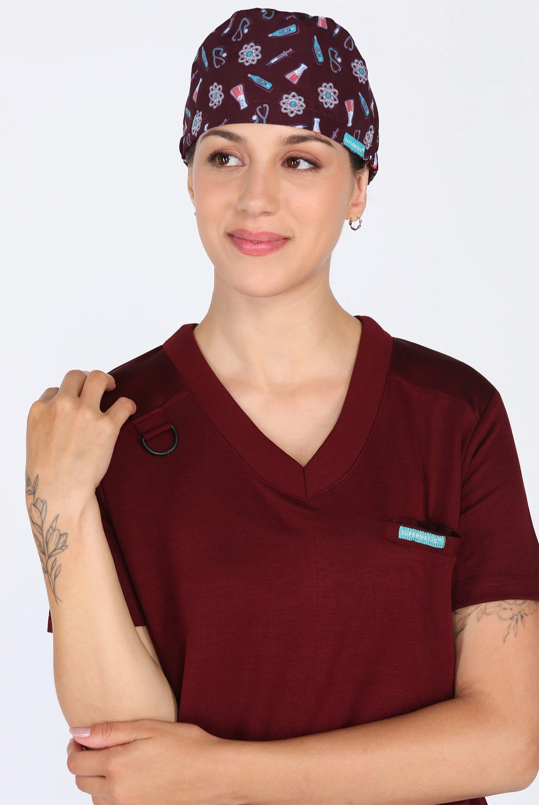 Maroon Scrub Printed Cap for Women