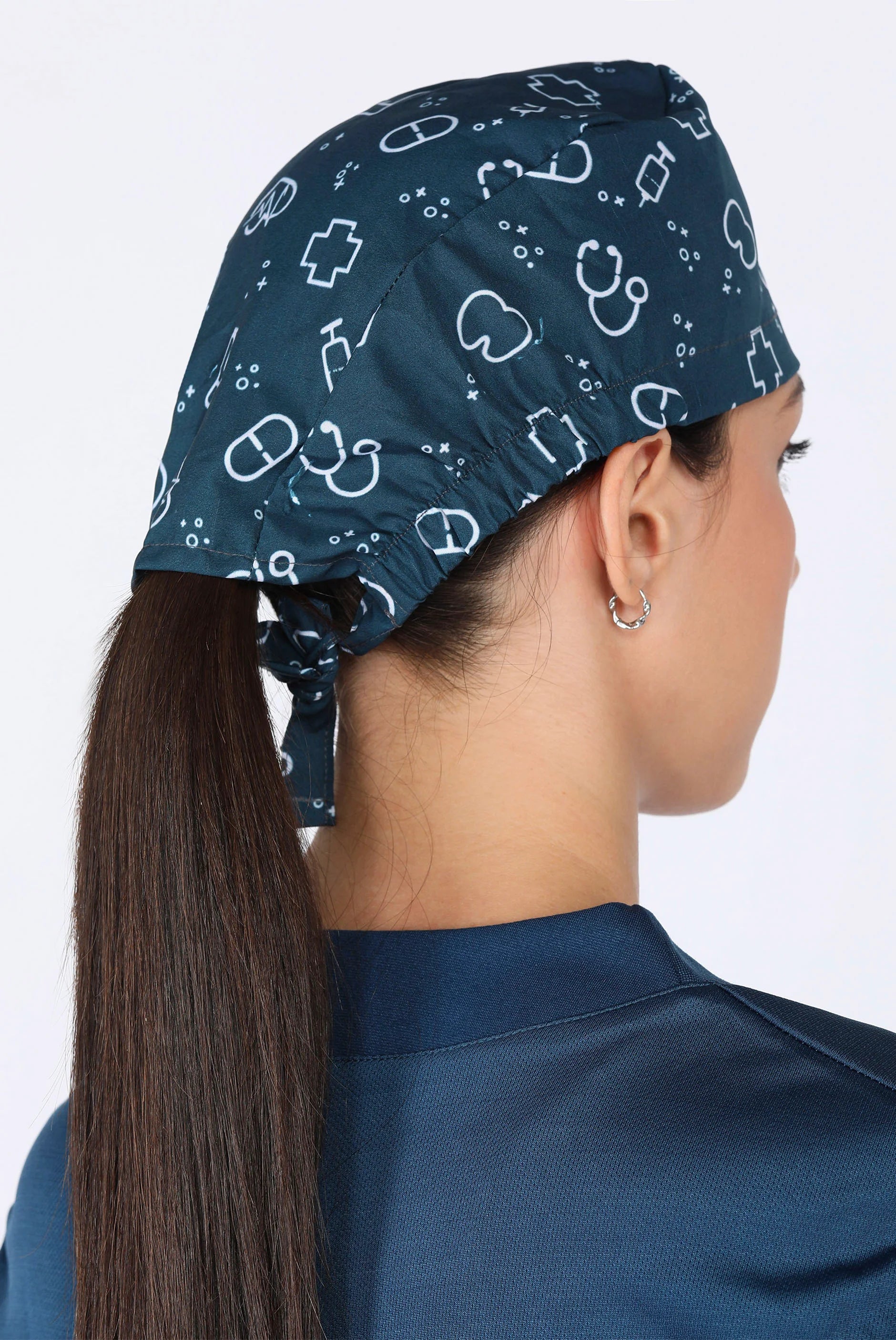 Teal Navy Scrub Printed Cap for Women