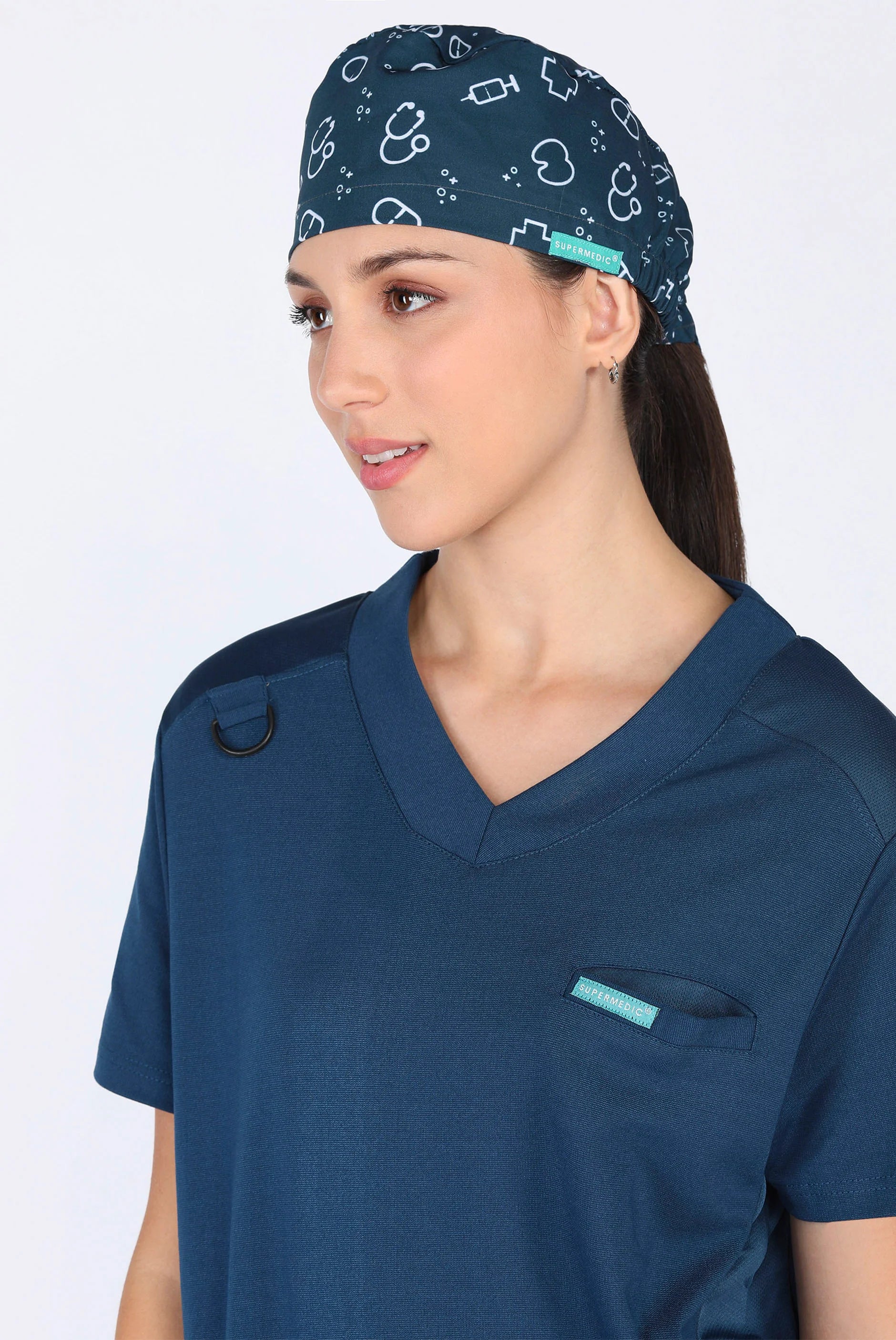 Teal Navy Scrub Printed Cap For Women
