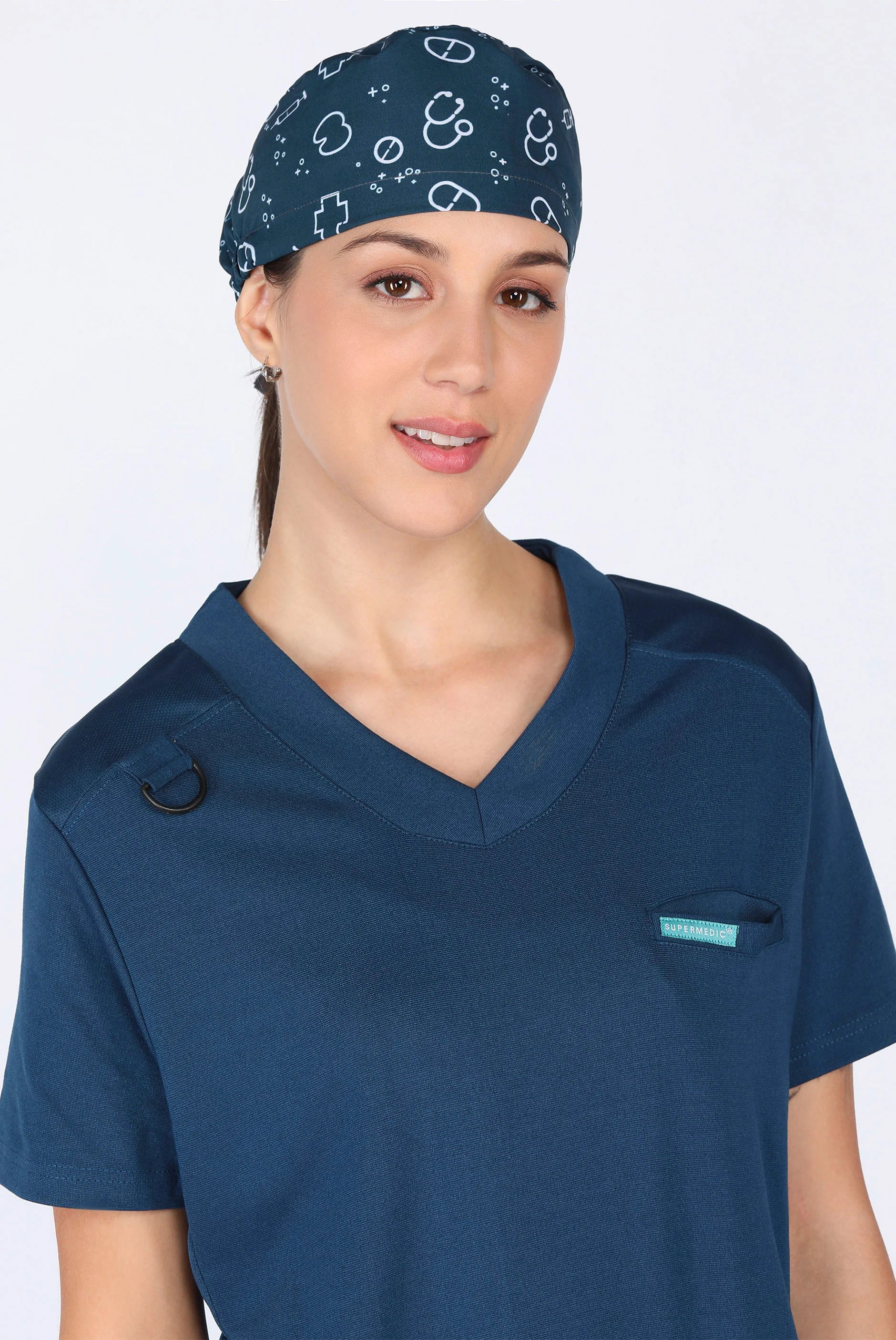 Teal Navy Scrub Printed Cap For Women