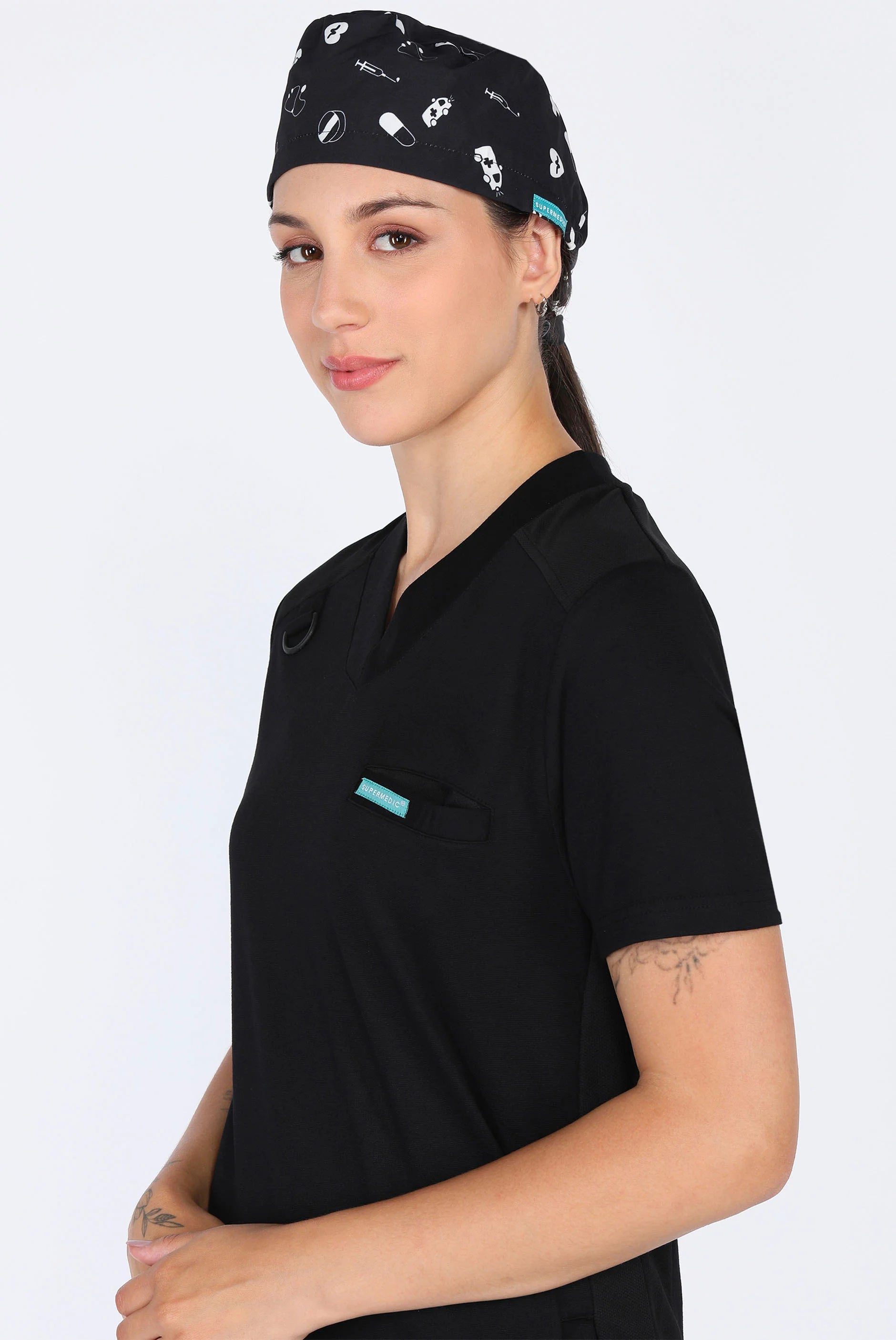 Black Scrub Printed Cap For Women