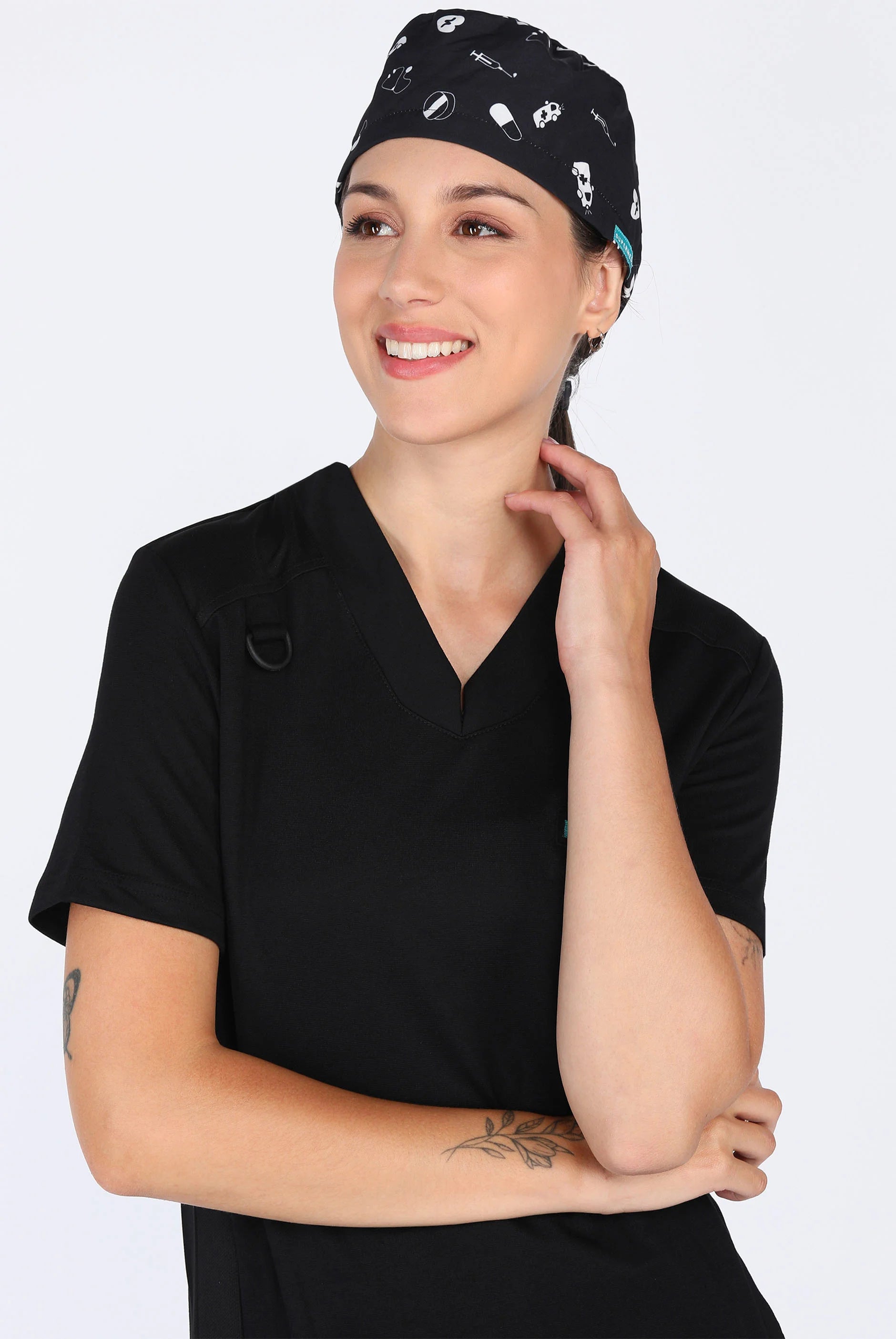 Black Scrub Printed Cap For Women