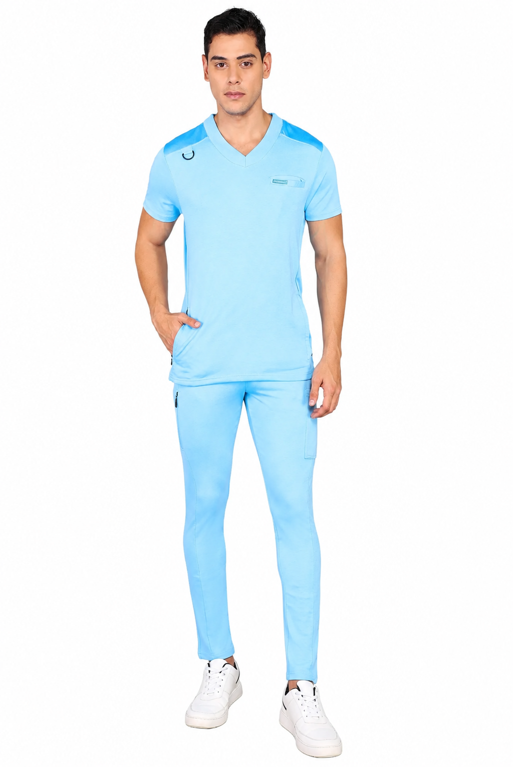 4-Way Stretchable Men's Sky Blue Top & Standard Bottom Scrub Set