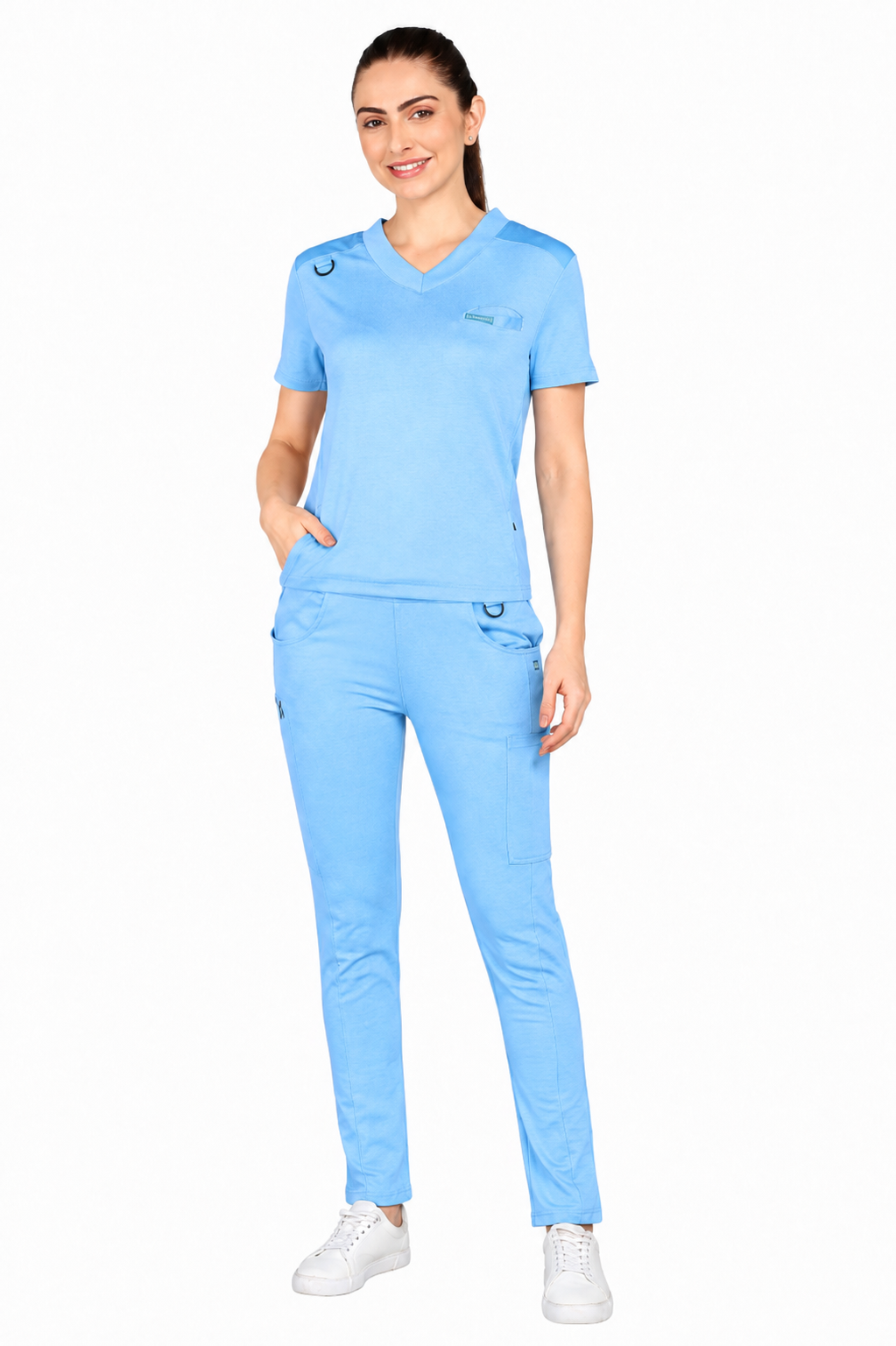 4-Way Stretchable Women's Sky Blue Top & Standard Bottom Scrub Set