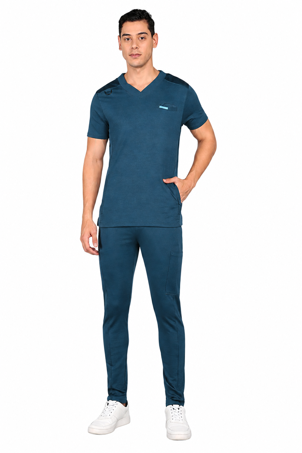 4-Way Stretchable Men's Teal-Navy Top & Standard Bottom Scrub Set