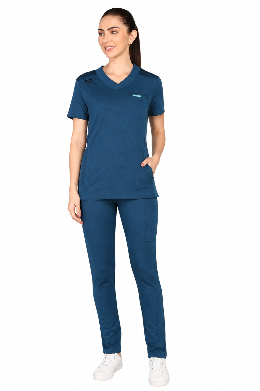 4-Way Stretchable Women's Teal-Navy Top & Standard Bottom Scrub Set
