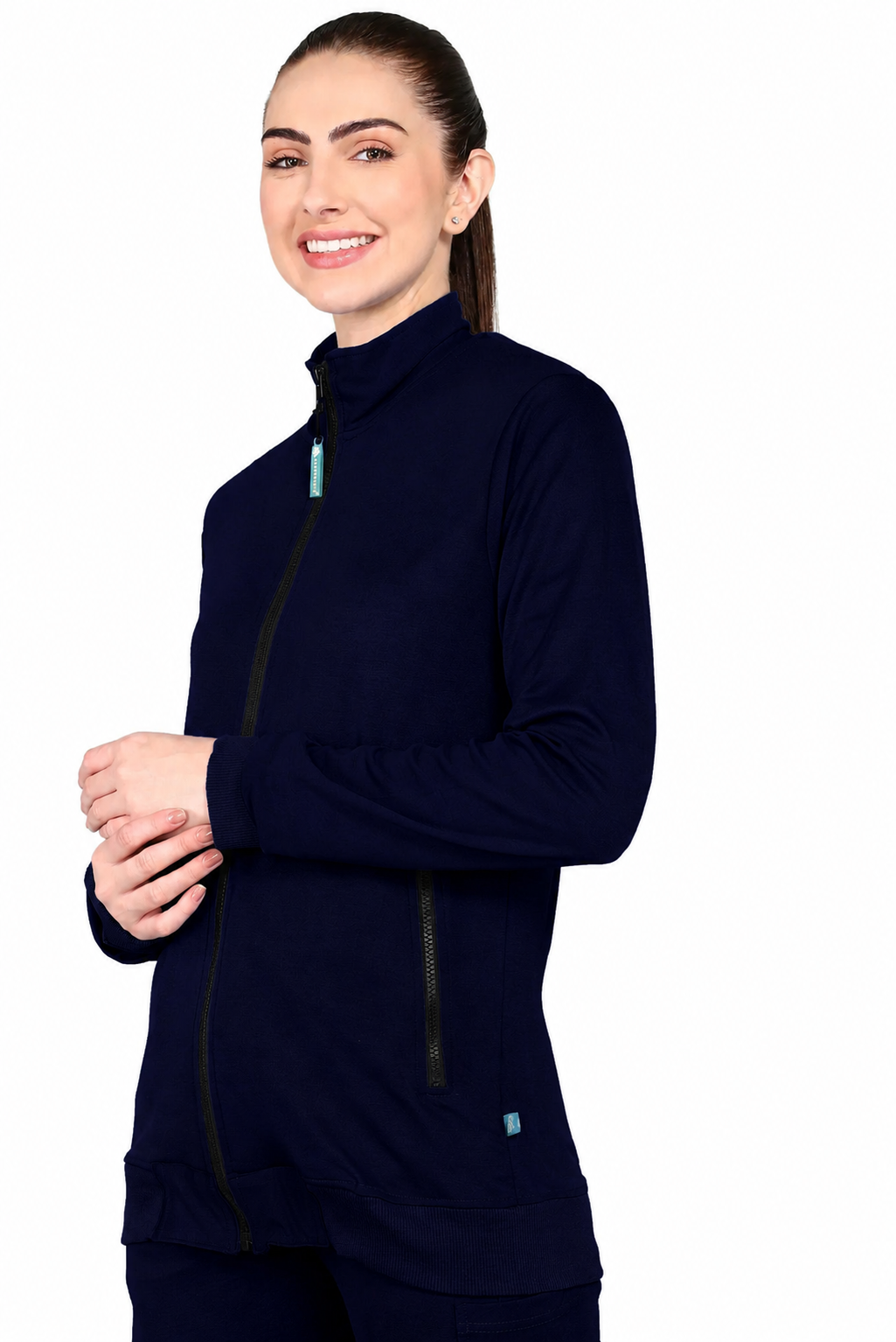 True Navy Turtle Neck Scrub Jogger Set for women with 4-Way Stretch