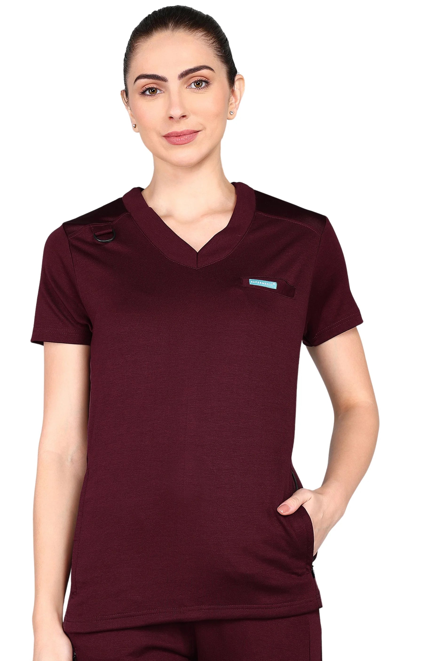 Maroon jogger scrub set with functional pockets.