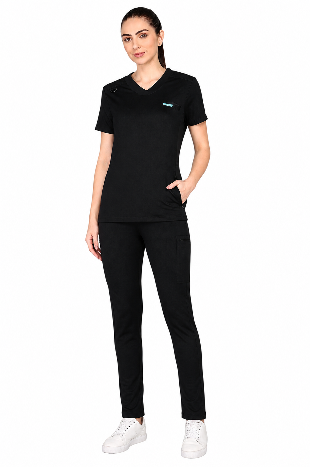 4-Way Stretchable Women's Black Top & Standard Bottom Scrub Set