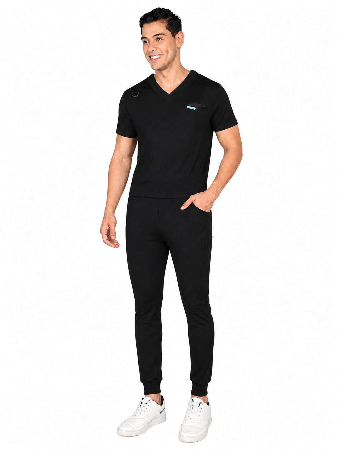 4-Way Stretchable Men's Black Top & Jogger Bottom Scrub Set