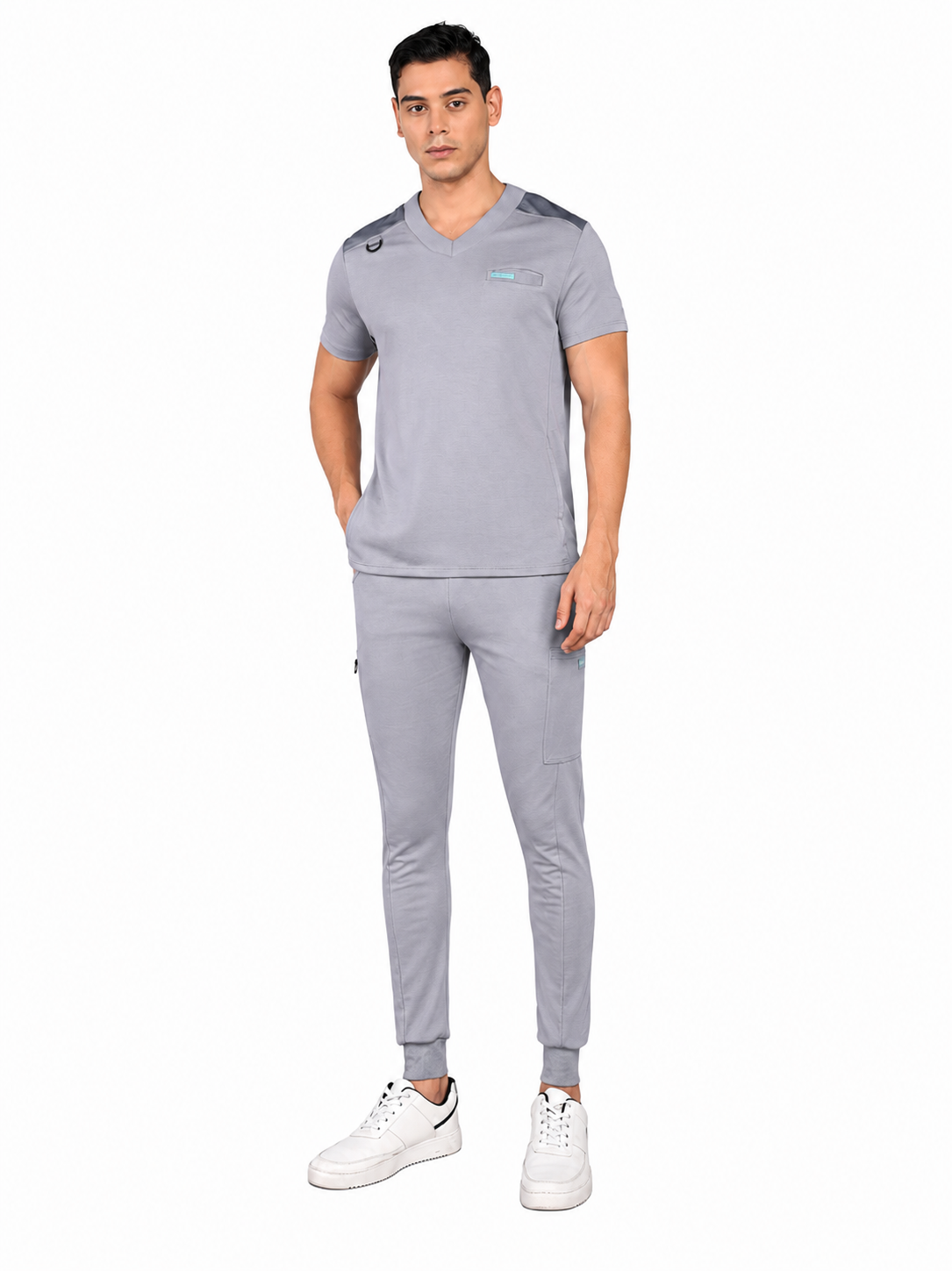 4-Way Stretchable Men's Grey Top & Jogger Bottom Scrub Set Men