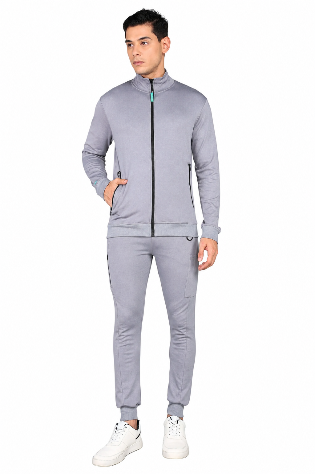Grey Turtle Neck Scrub Jogger Set for Men with 4-Way Stretch