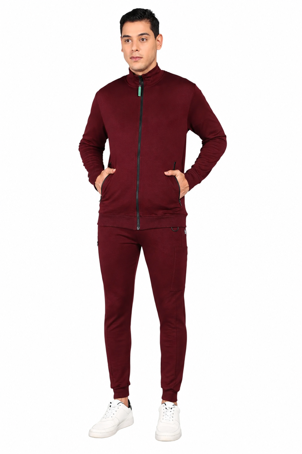Maroon Turtle Neck Scrub Jogger Set for Men with 4-Way Stretch