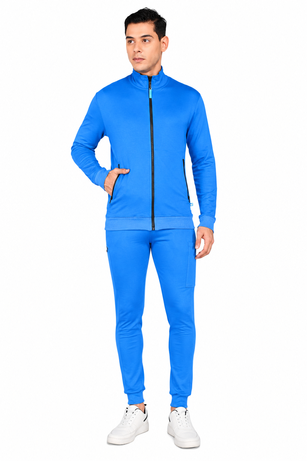 Royal Blue Turtle Neck Scrub Jogger Set for Men with 4-Way Stretch
