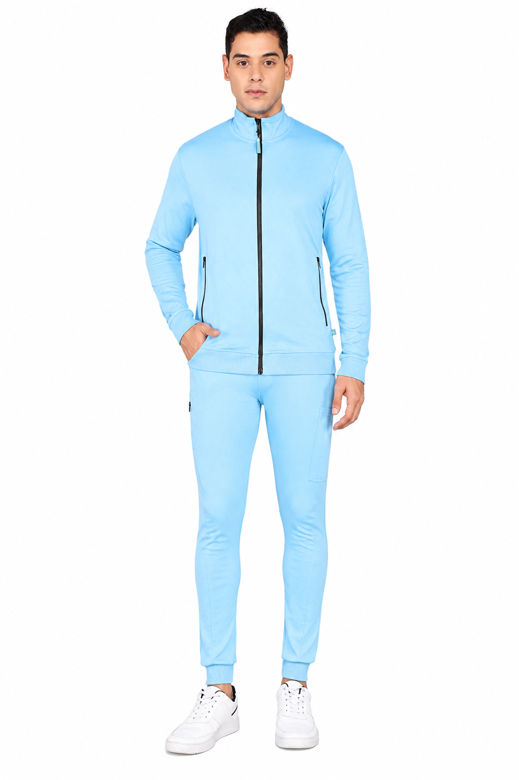 Sky Blue Turtle Neck Scrub Jogger Set for Men with 4-Way Stretch