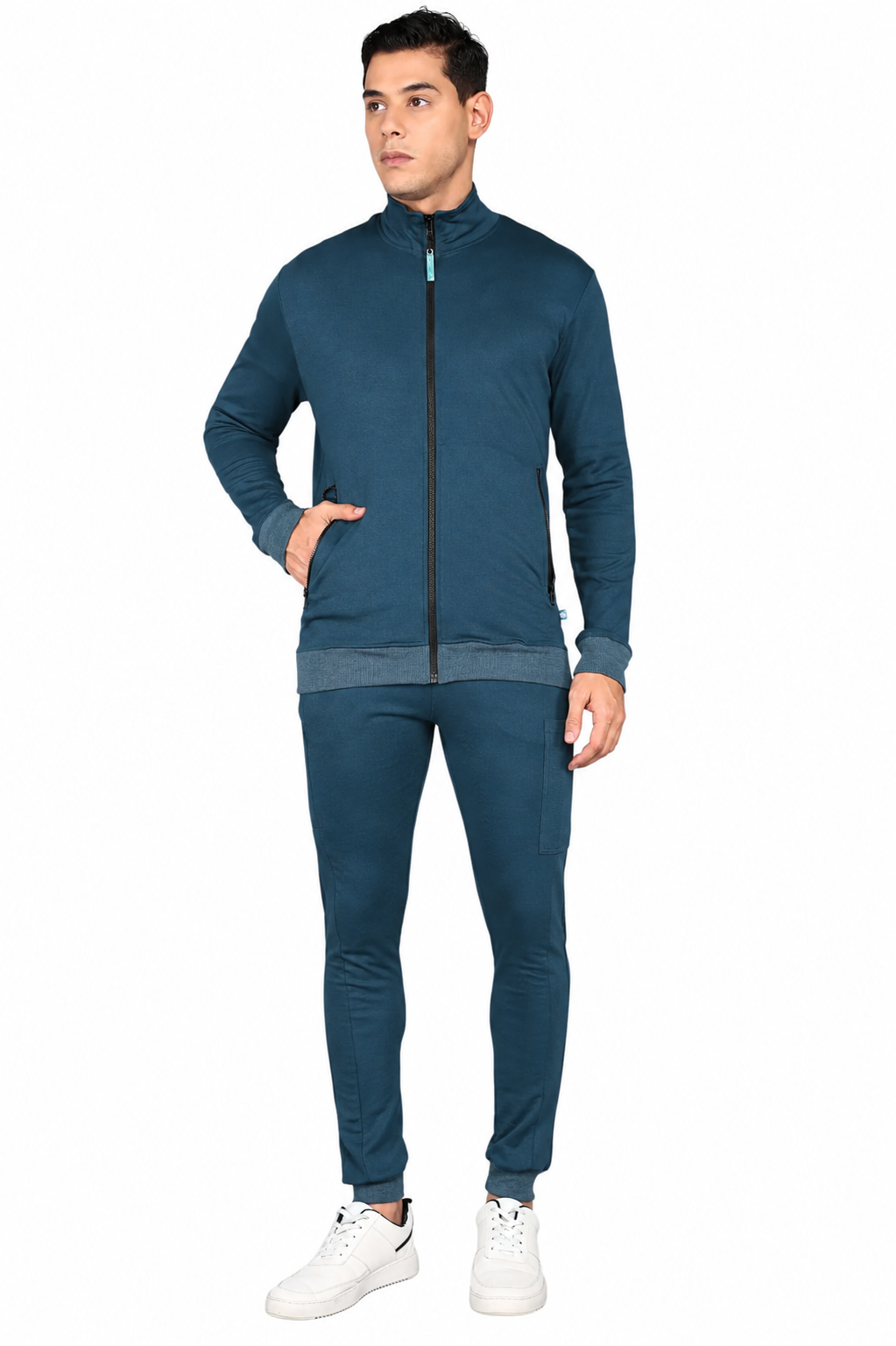 Teal Navy Turtle Neck Scrub Jogger Set for Men with 4-Way Stretch