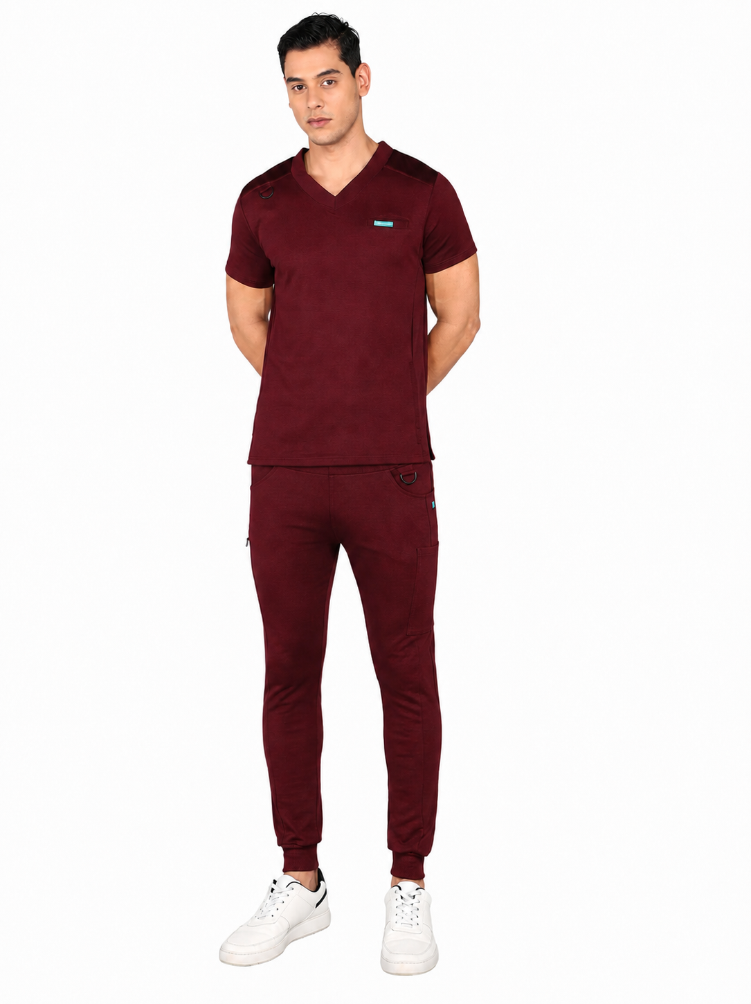 4-Way Stretchable Men's Maroon Top & Jogger Bottom Scrub Set