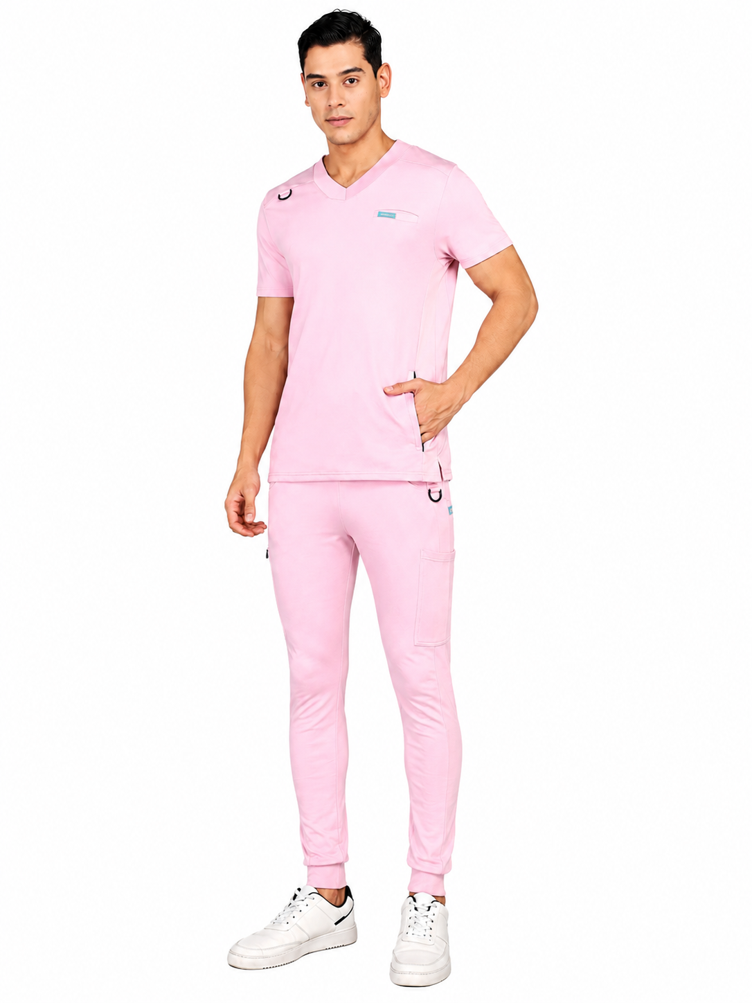 4-Way Stretchable Men's Pink Top & Jogger Bottom Scrub Set