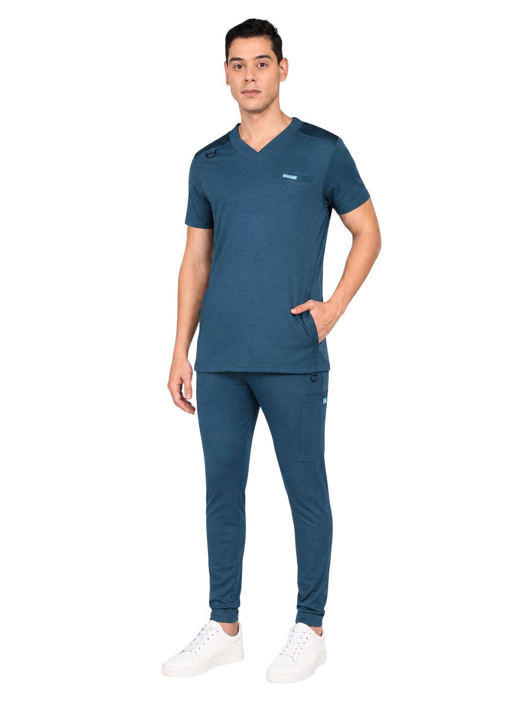 4-Way Stretchable Men's Teal-Navy Top & Jogger Bottom Scrub Set