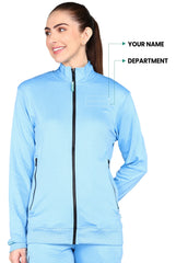 Sky Blue Turtle Neck Scrub Jacket for Women with 4-Way Stretch