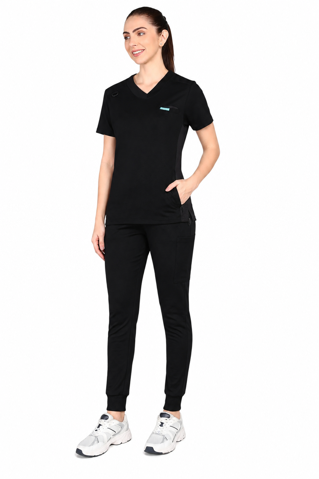 4-Way Stretchable Women's Black Top & Jogger Bottom Scrub Set