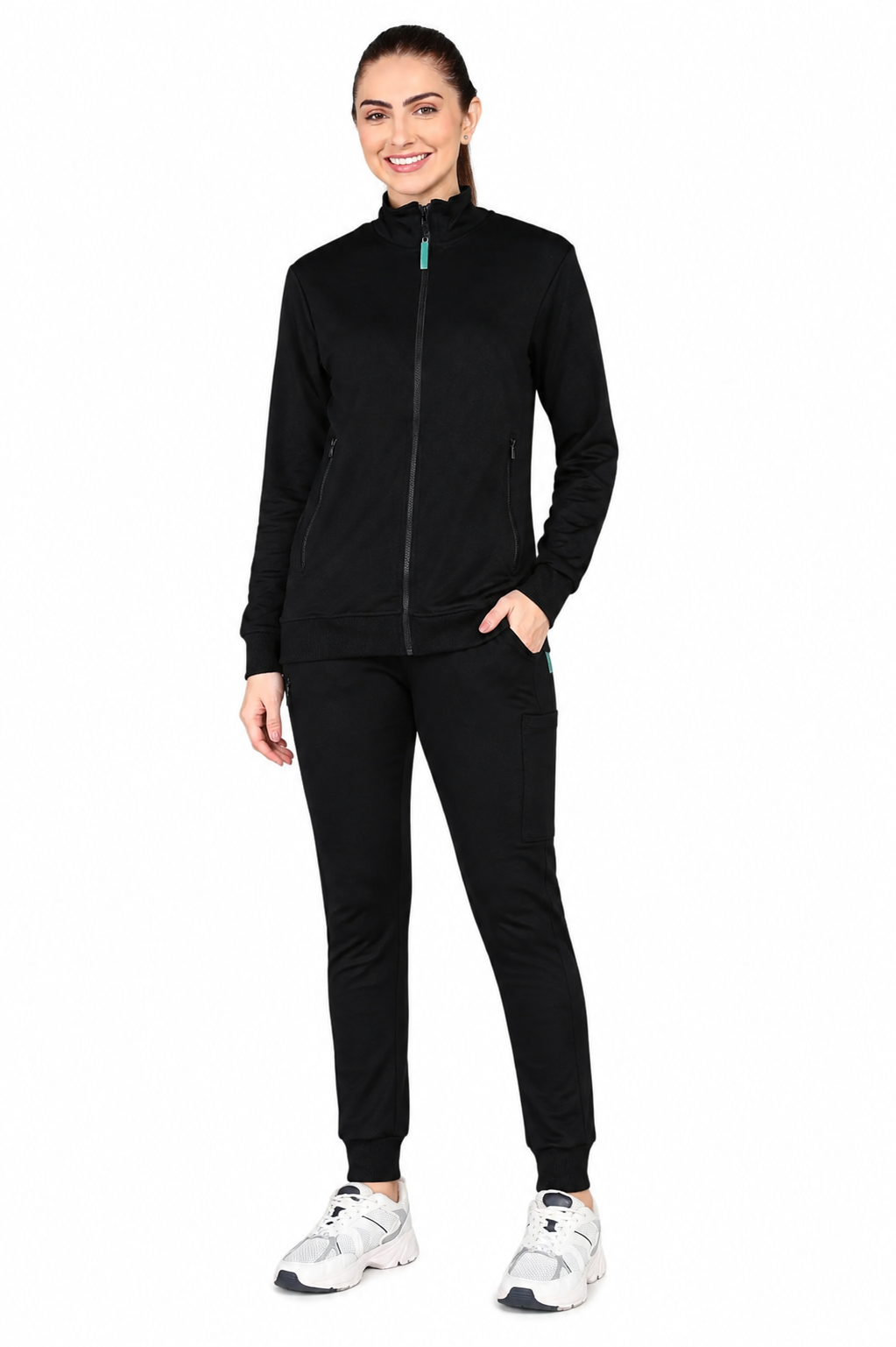 Black Turtle Neck Scrub Jogger Set for Women with 4-Way Stretch