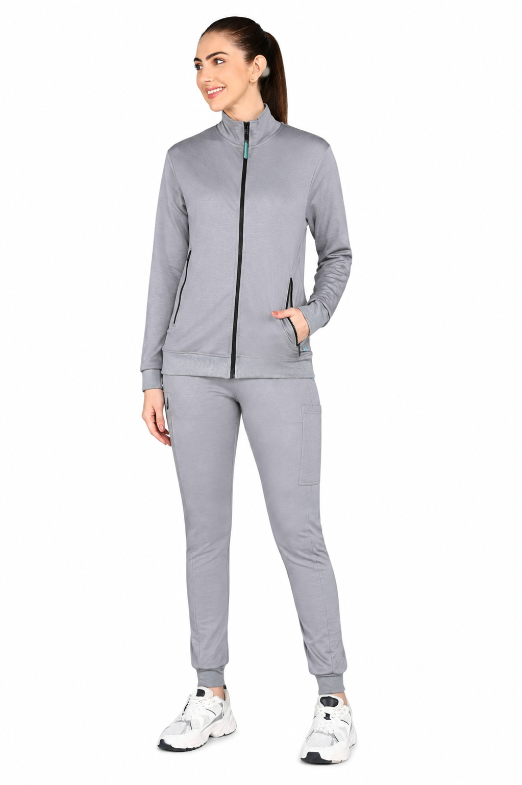 Grey Turtle Neck Scrub Jogger Set for Women with 4-Way Stretch