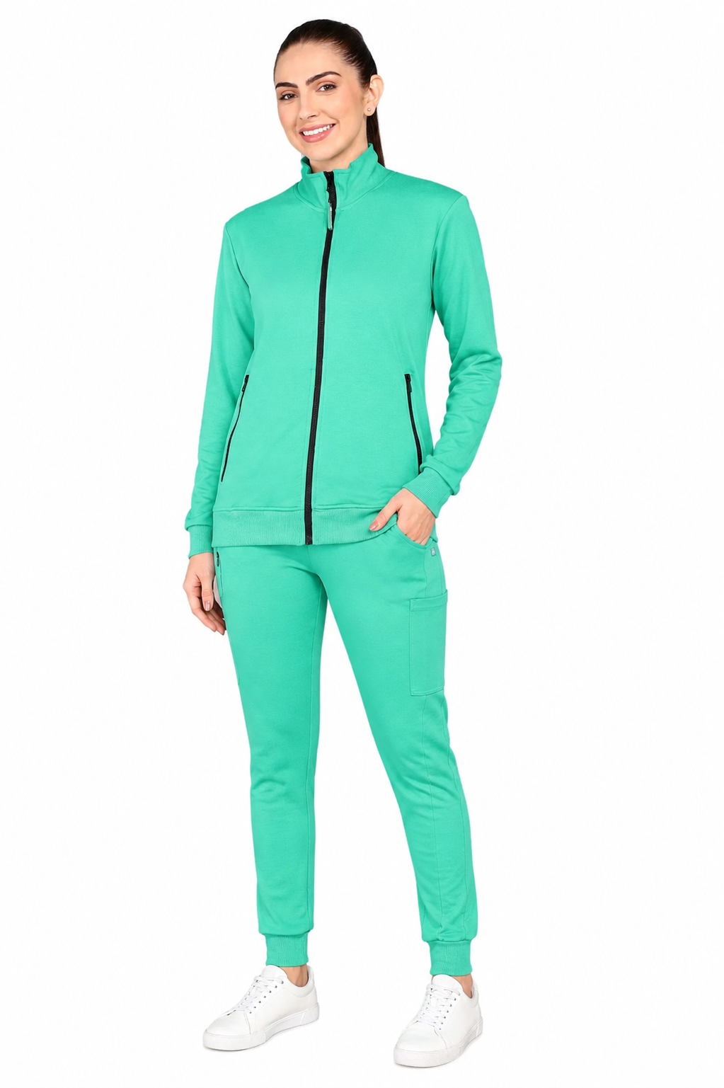 Green Turtle Neck Scrub Jogger Set for Women with 4-Way Stretch