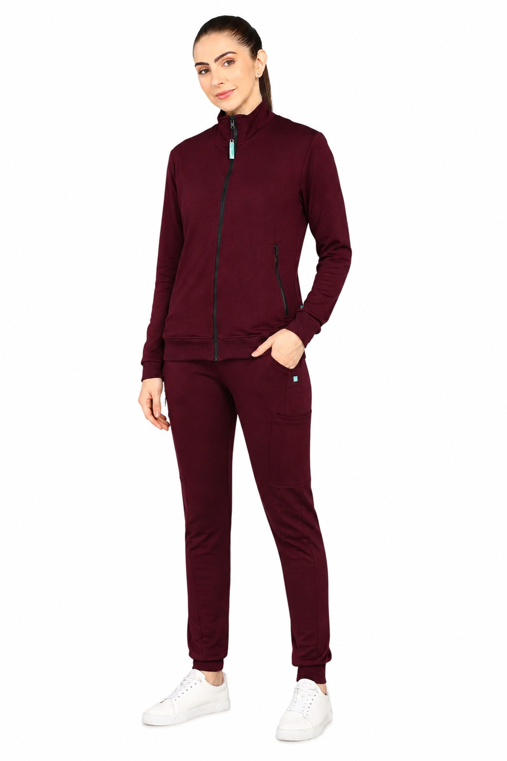 Maroon Turtle Neck Scrub Jogger Set for Women with 4-Way Stretch