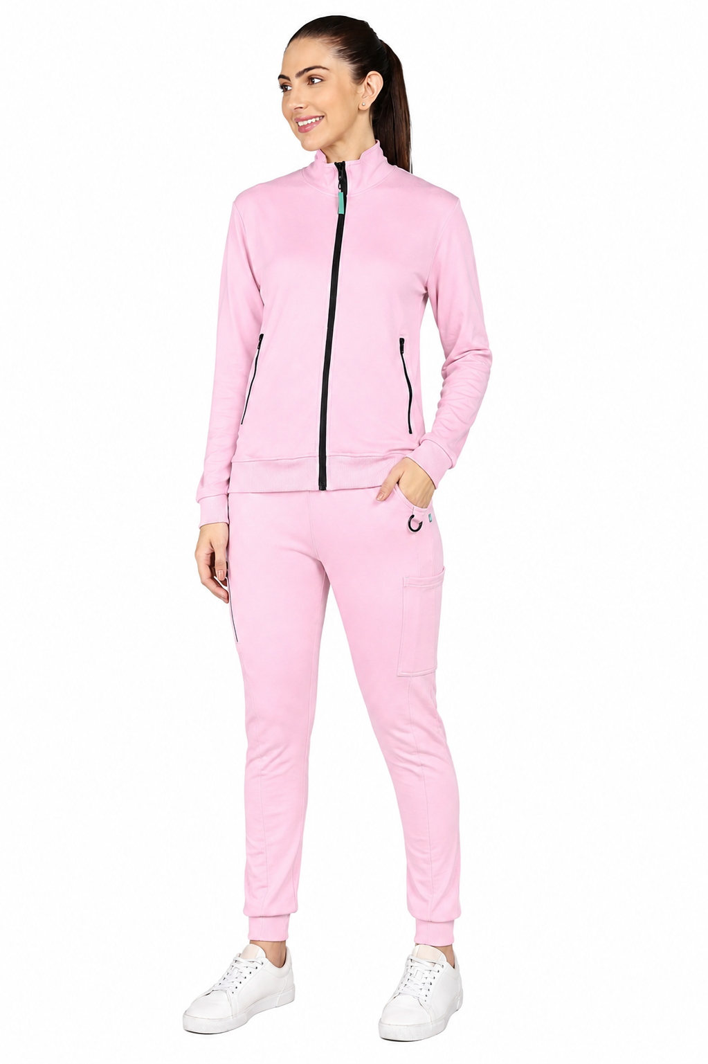 Pink Turtle Neck Scrub Jogger Set for Women with 4-Way Stretch