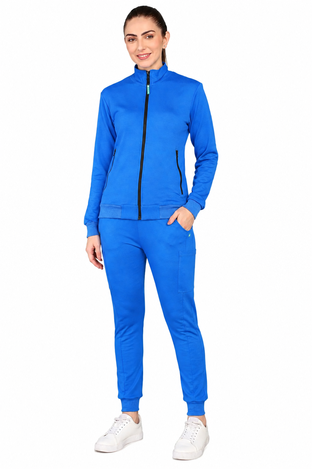 Royal Blue Turtle Neck Scrub Jogger Set for Women with 4-Way Stretch