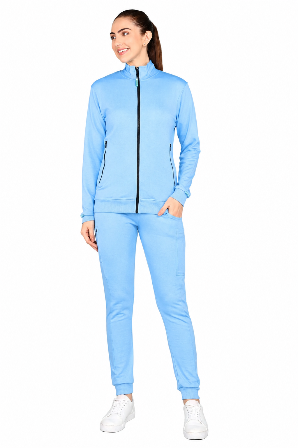 Sky Blue Turtle Neck Scrub Jogger Set for Women with 4-Way Stretch
